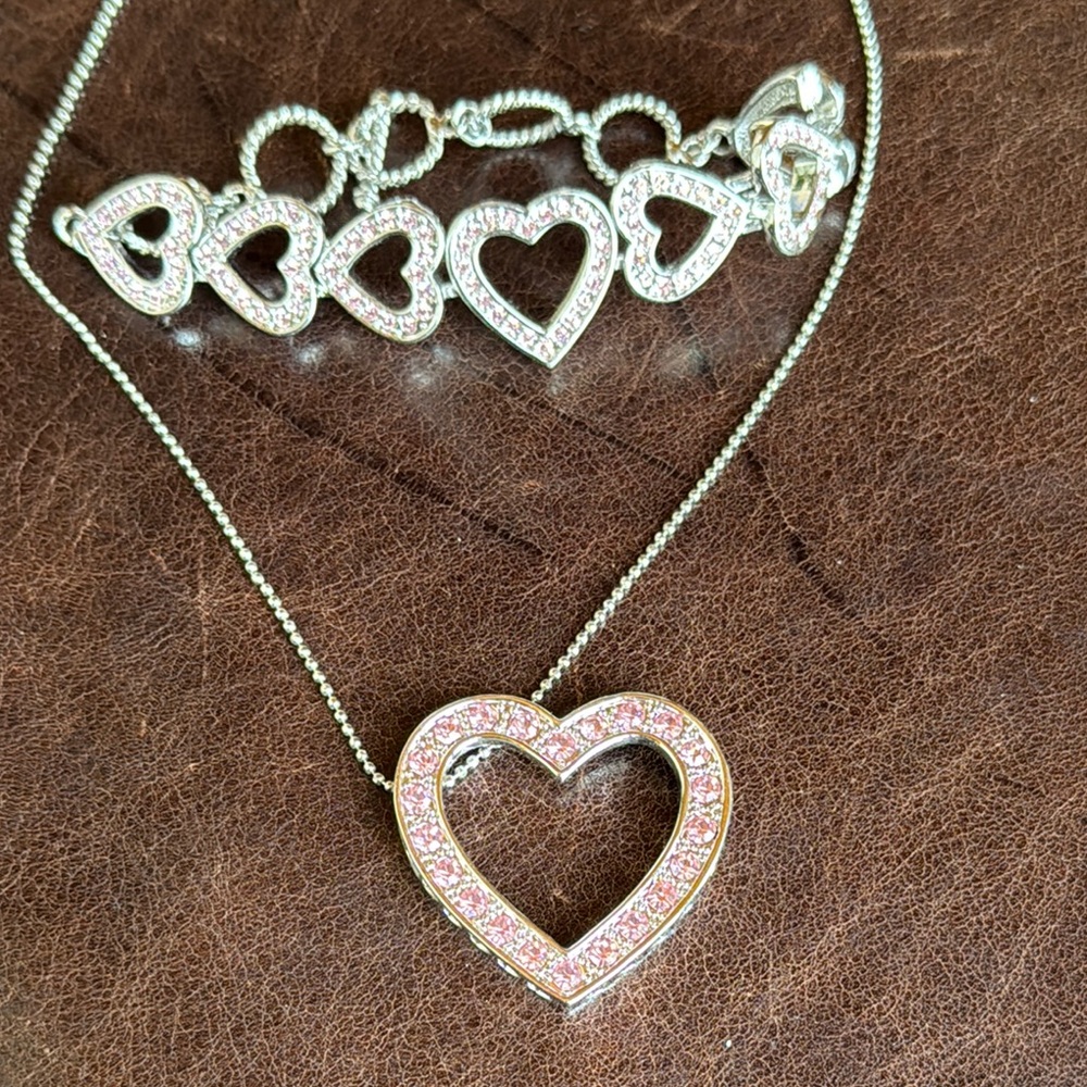 Elegant Silver and Pink Heart Necklace and Bracelet Set